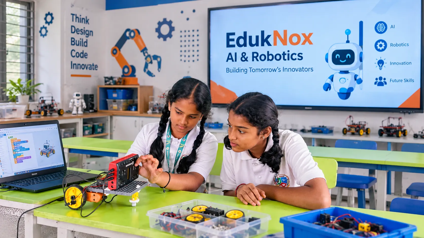 Two students exploring a robotics project with a laptop and robot car
