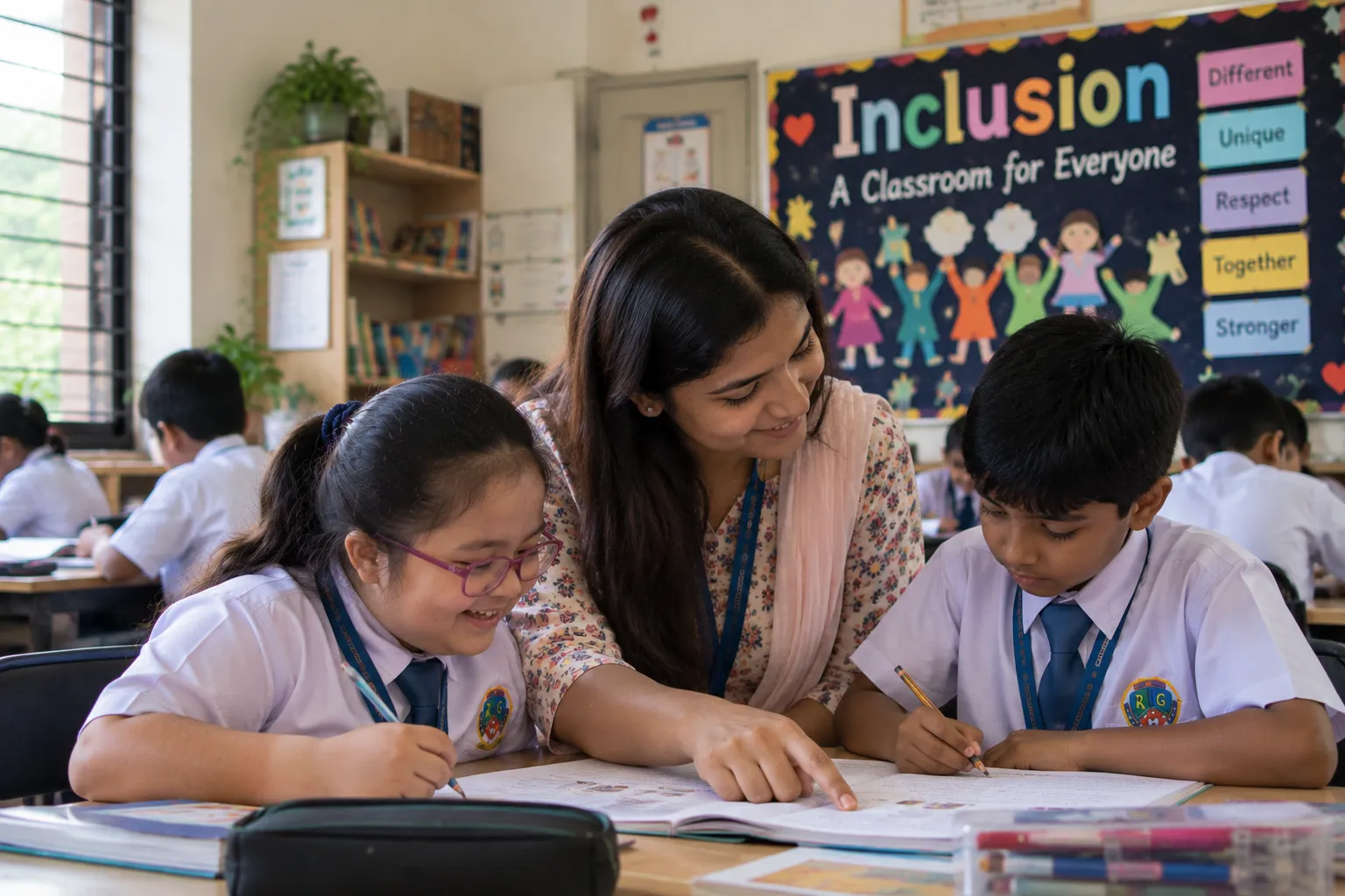 A teacher supporting two students working together in an inclusive classroom