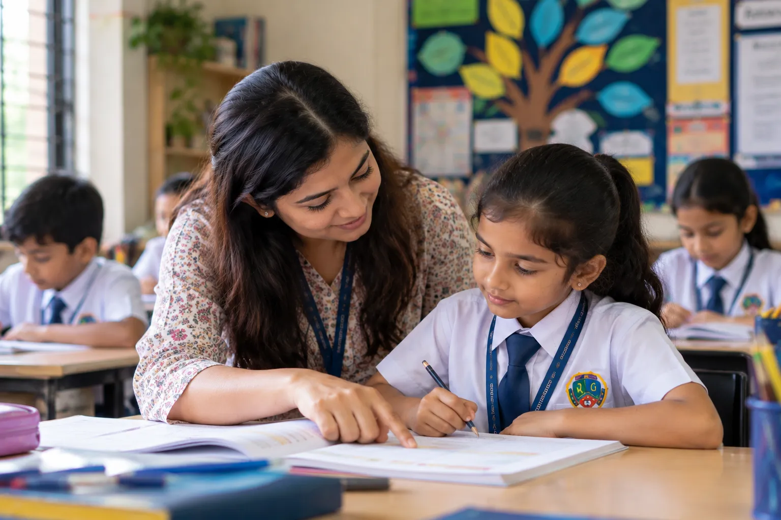 A teacher guiding a student through a writing activity in the classroom
